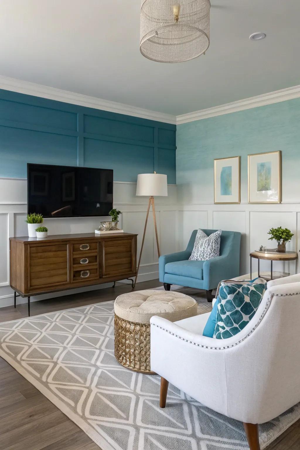 A living space showcasing a blended hue blocks accent wall.