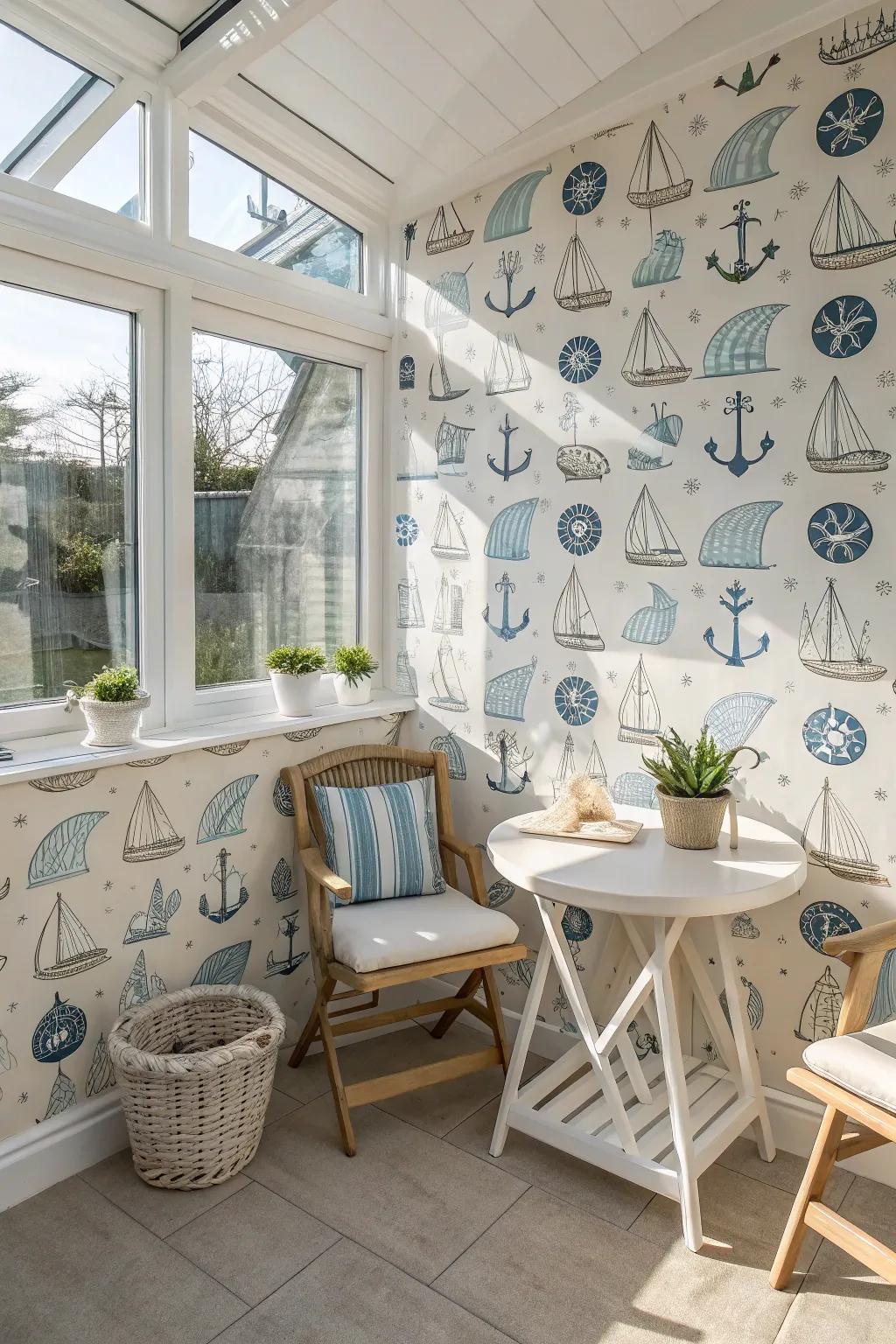 Seaside-themed wallpaper creates a coastal escape in a sunroom.