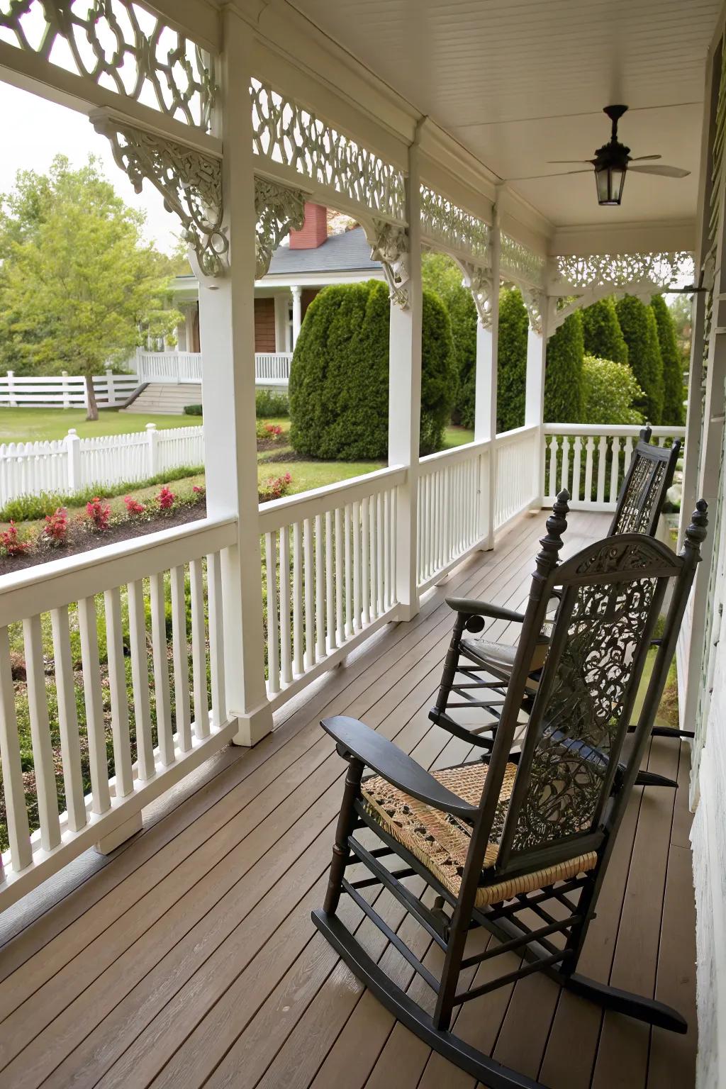 A porch adorned with elegant and secure rails.