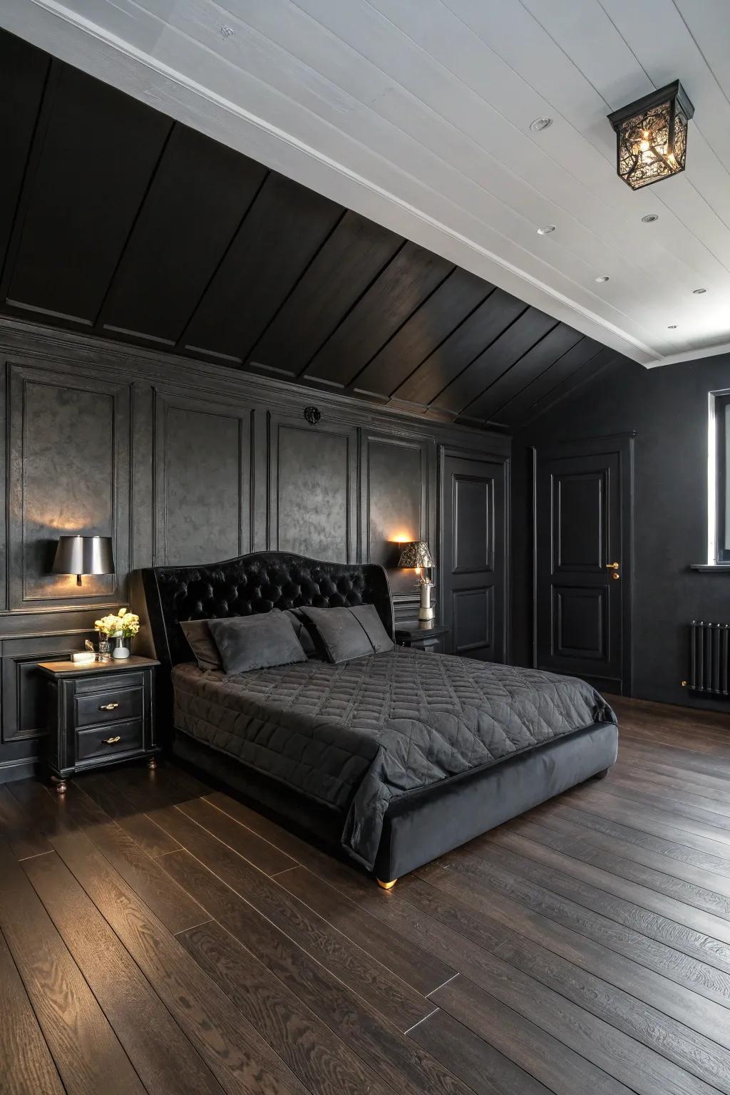 A black bedroom featuring timber flooring and furniture for added warmth.