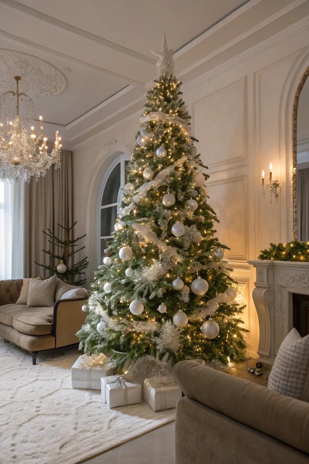 A tranquil and elegant Christmas tree featuring a white-on-white theme.
