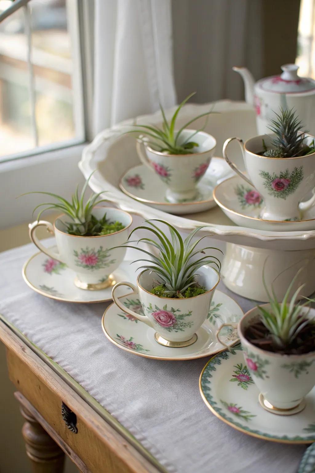 Air plants in vintage tea cups.