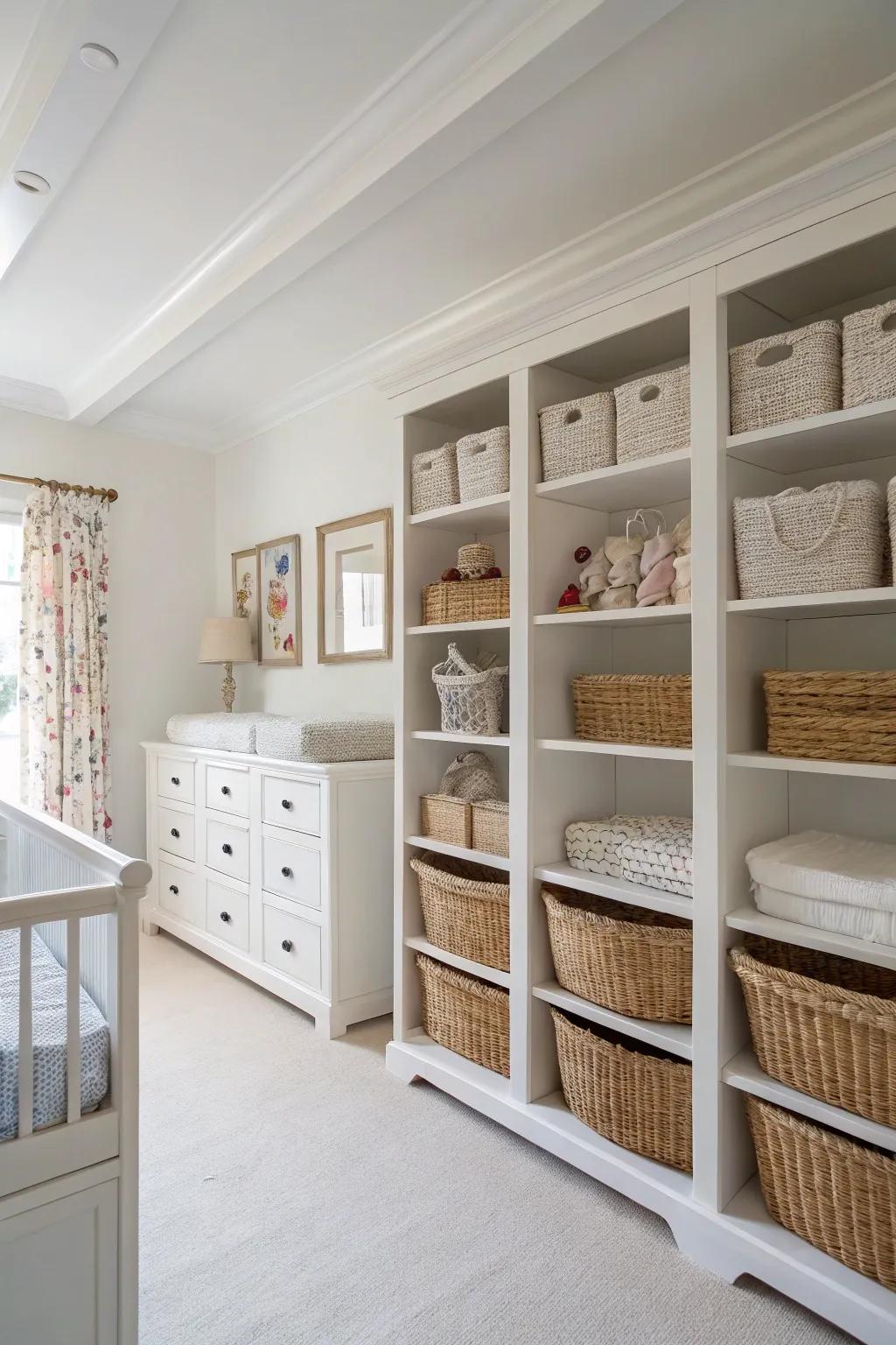 Storage solutions help keep a white nursery neat and organized.