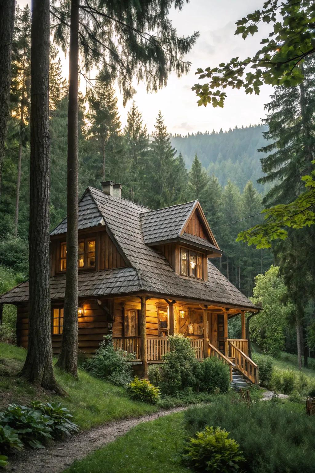Timber shingles infuse countryside charm and organic allure to abodes.