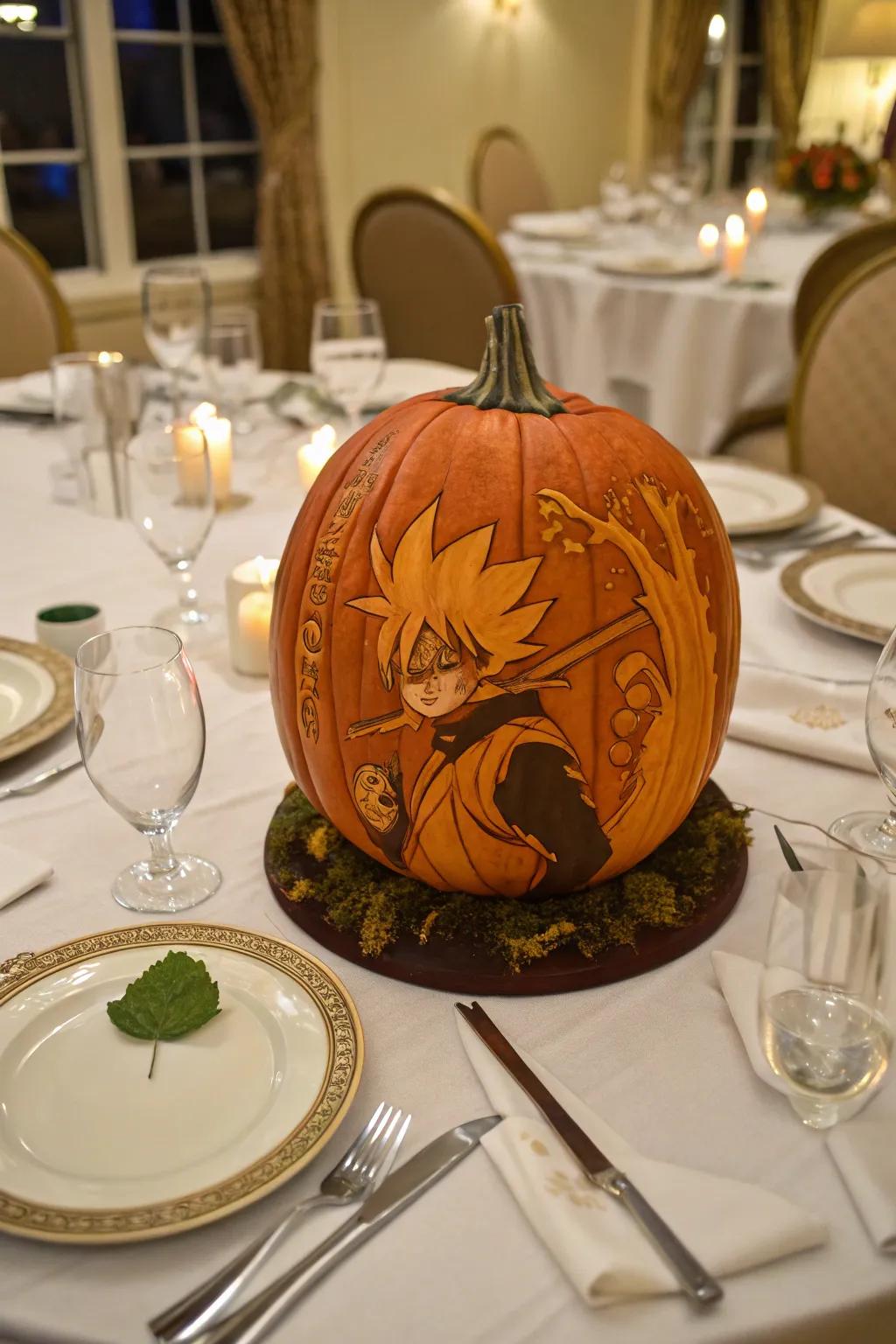 Recount a narrative with an anime venture tableau sculpted on pumpkins.