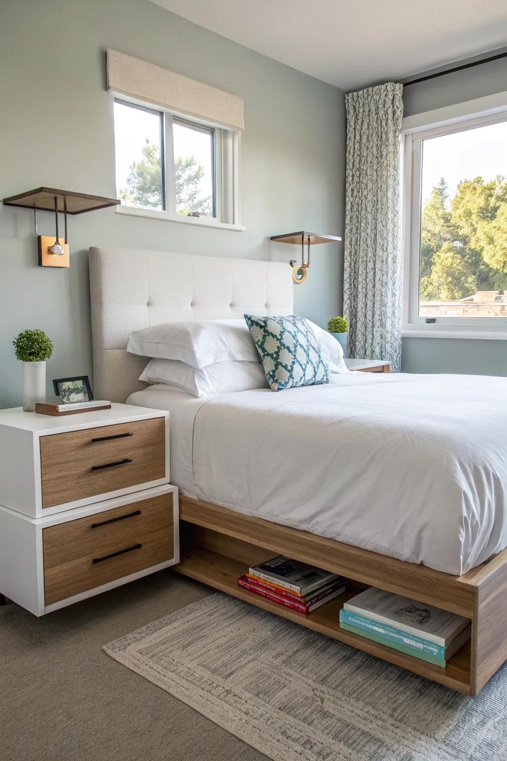 Modern floating bedside shelves lend this apartment bedroom a streamlined appearance.