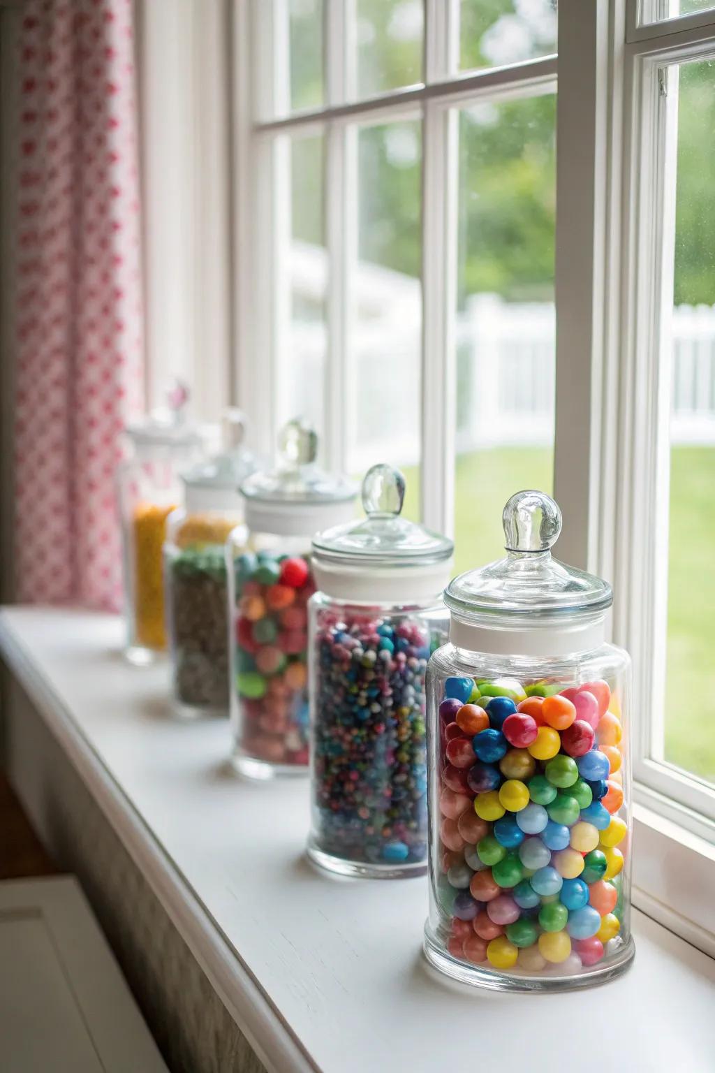Vibrant collections in vintage-inspired glass jars add a splash of color.