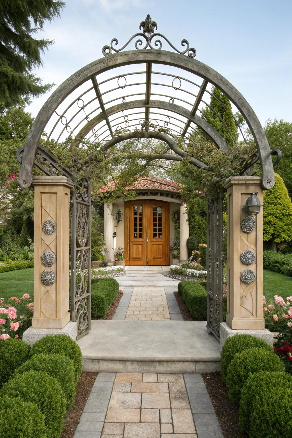 An artistic arbor creates a unique and eye-catching doorway.