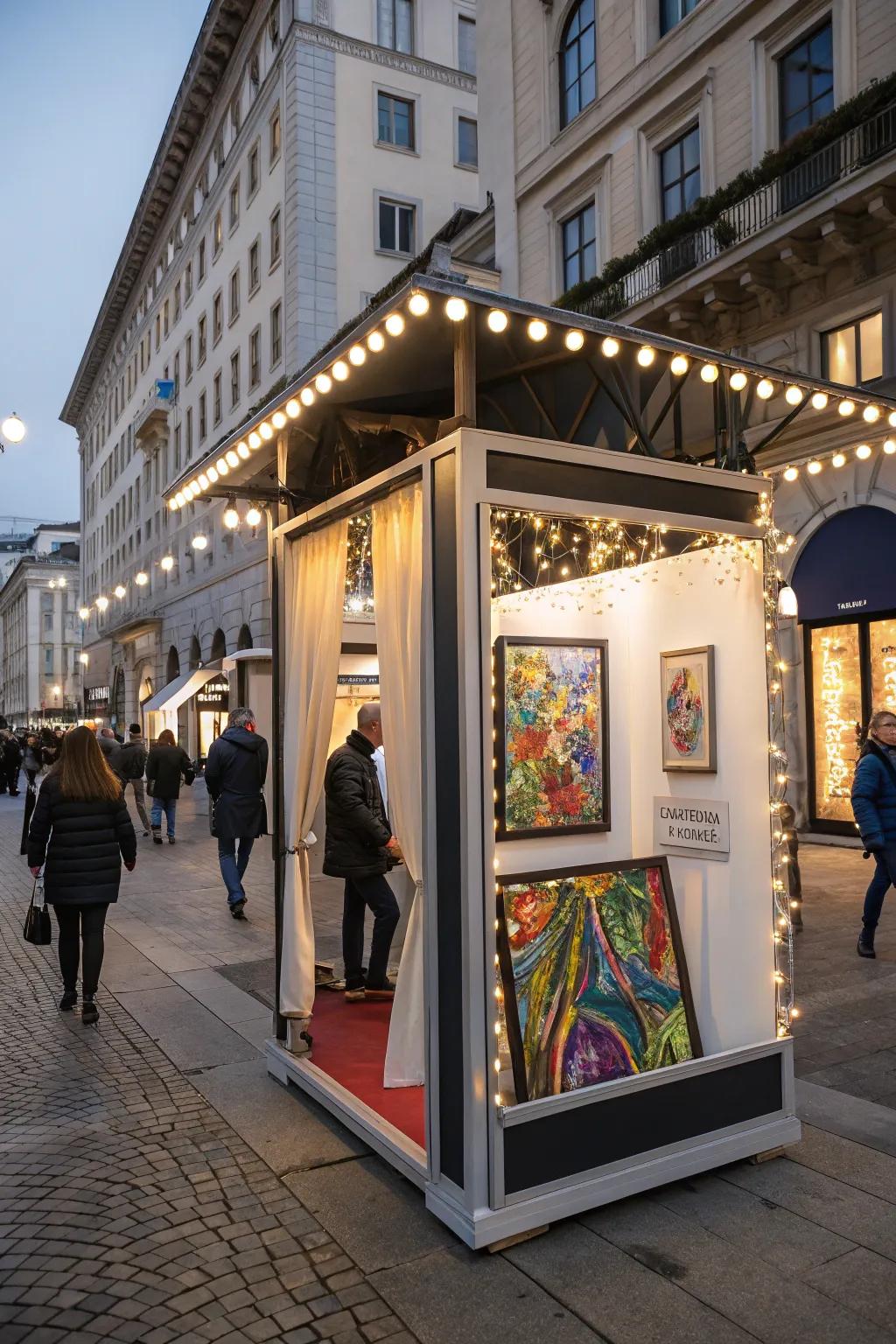A striking artwork outside the booth serves as a beacon, inviting visitors to explore further.