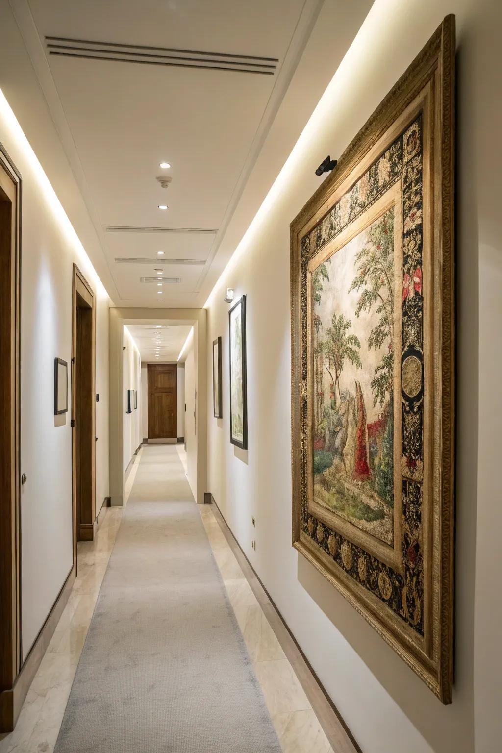 A framed tapestry introduces warmth and texture to this hallway, turning fabric into art.