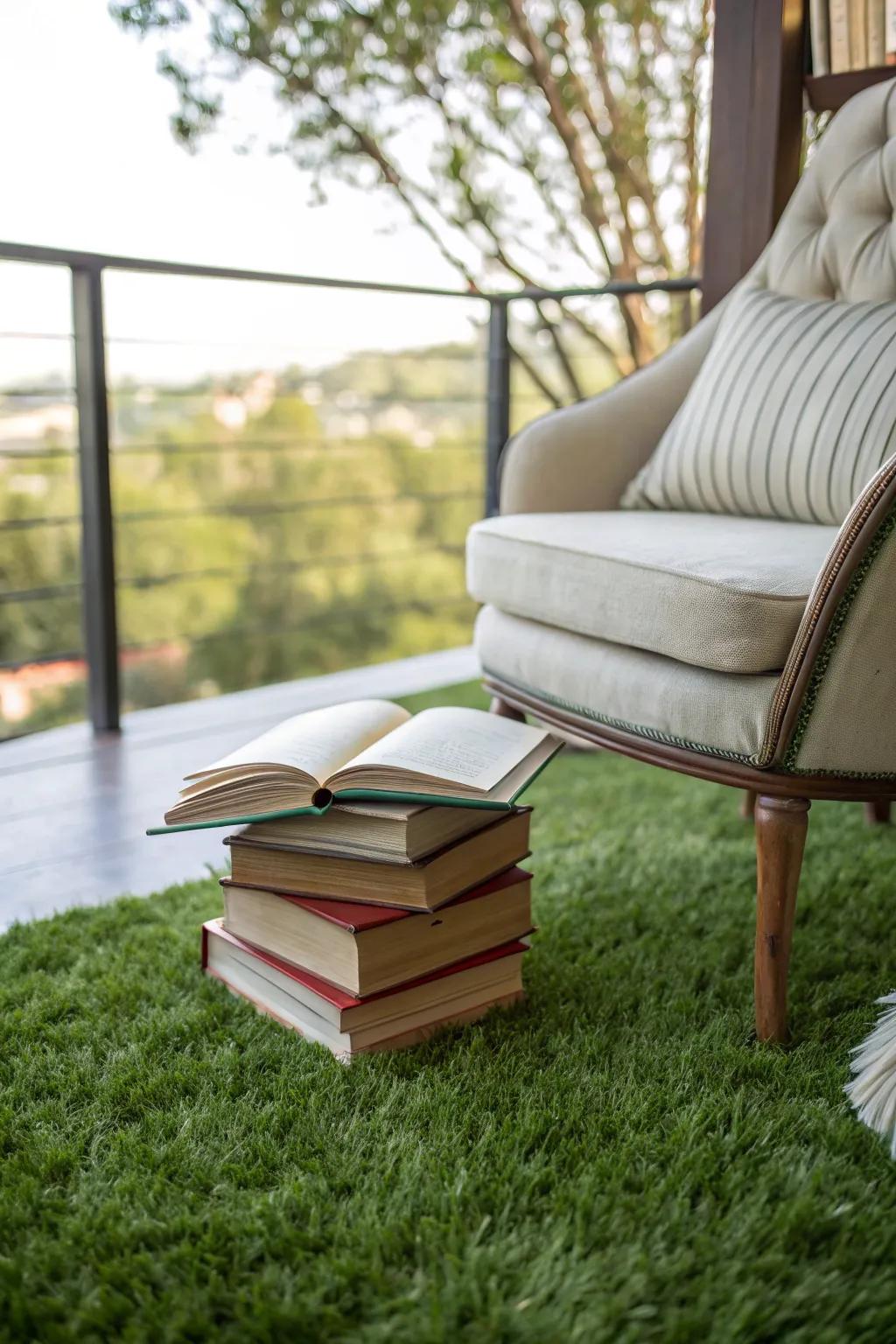 A serene reading nook on lush imitation turf.