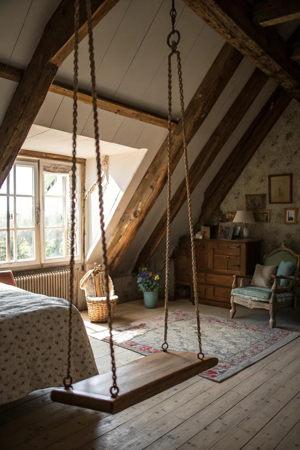 A hanging seat contributes a lighthearted and whimsical accent to your attic bedroom.