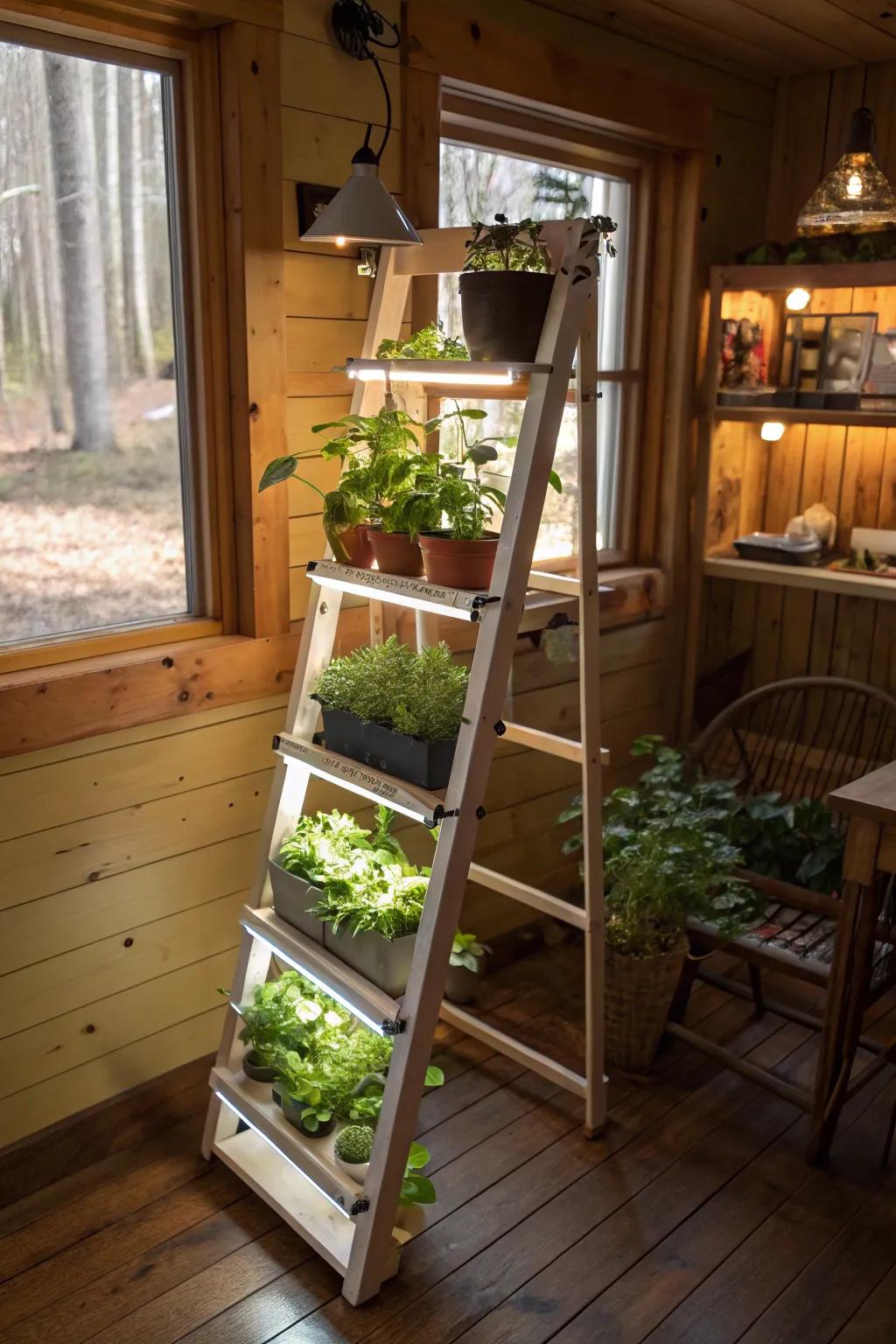 A garden ladder with plant lights as a rustic home decor focal point.