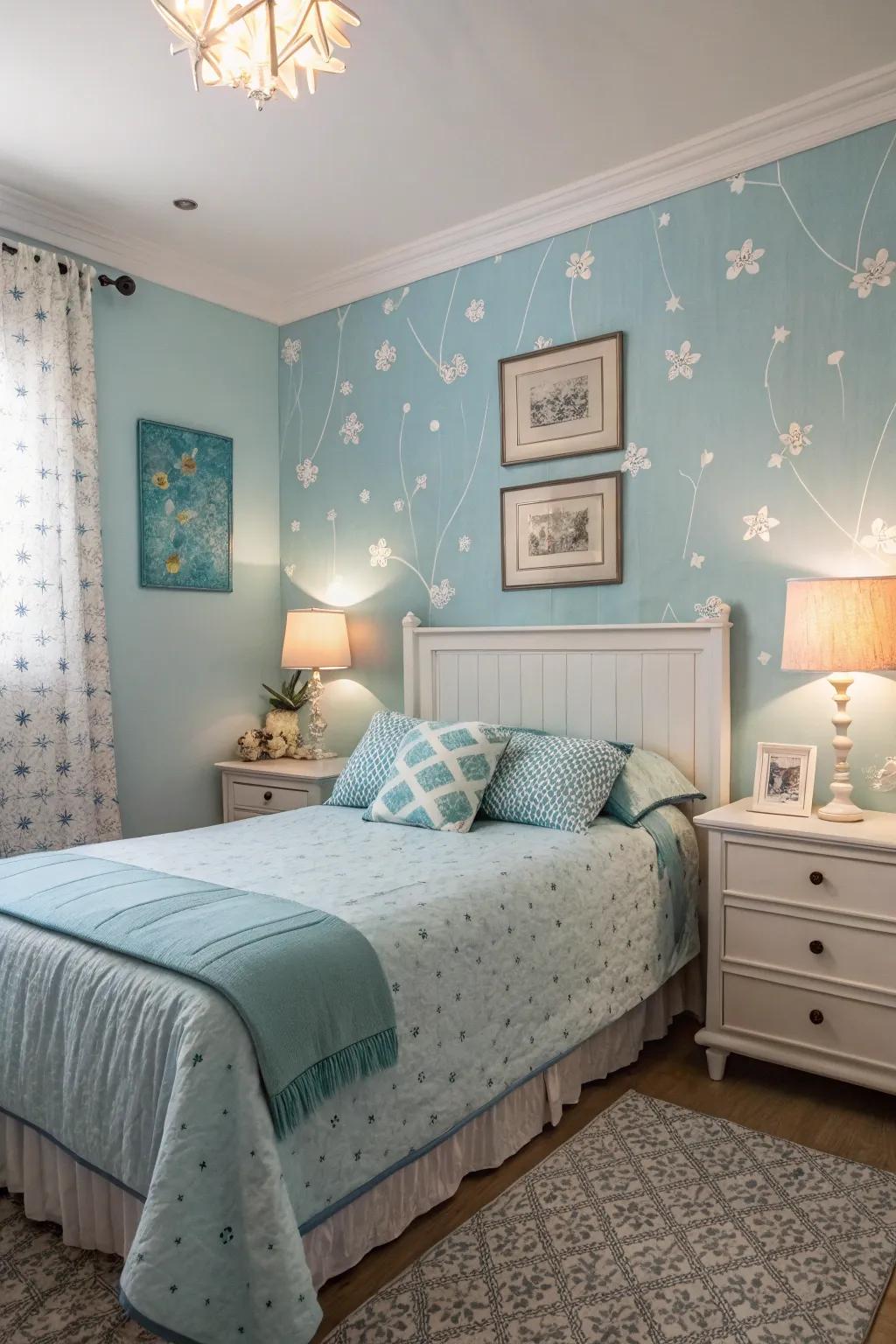 Soothing lighting complements the tranquility of a light sky blue bedroom.