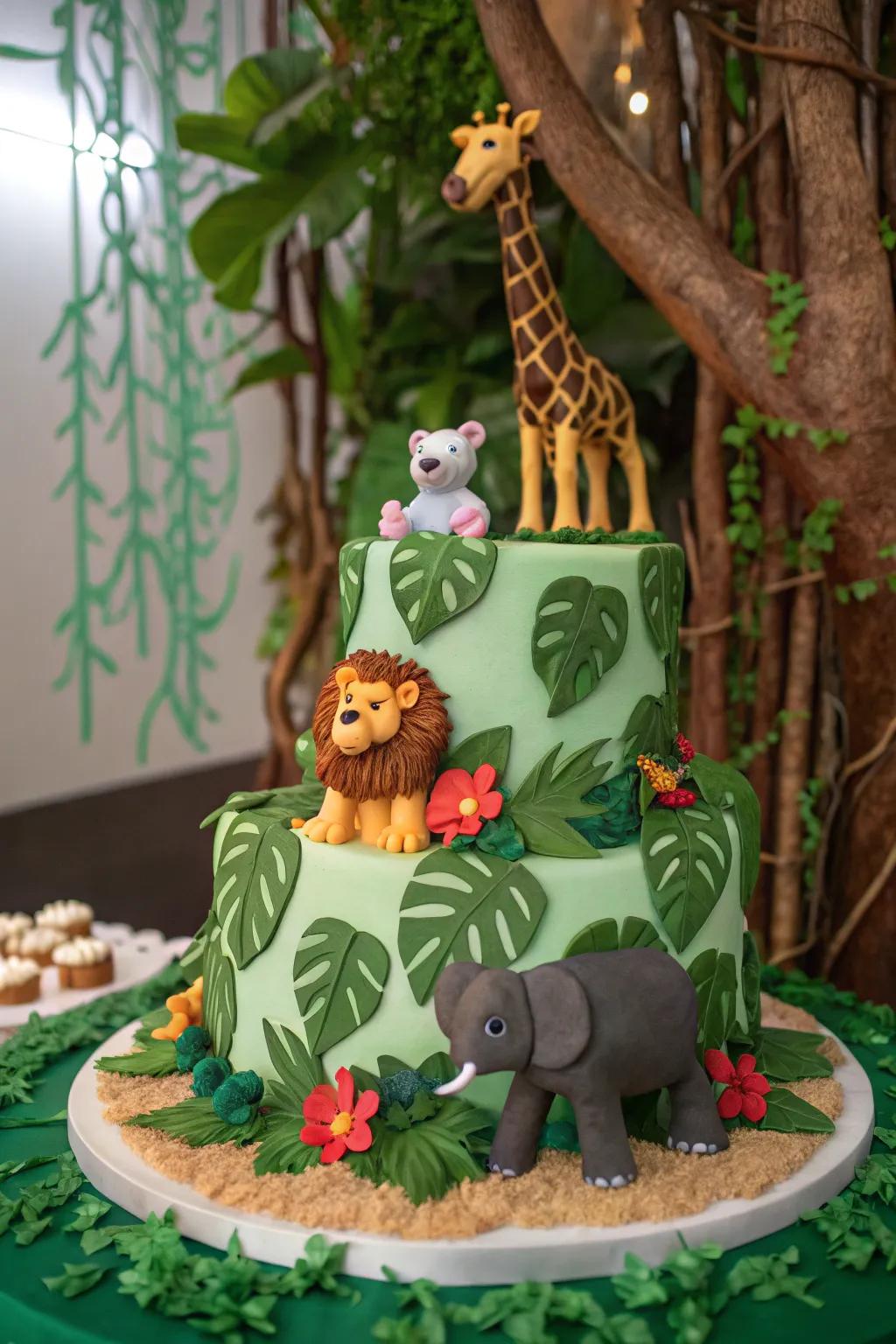 A safari-themed cake featuring adventurous and wild elements.
