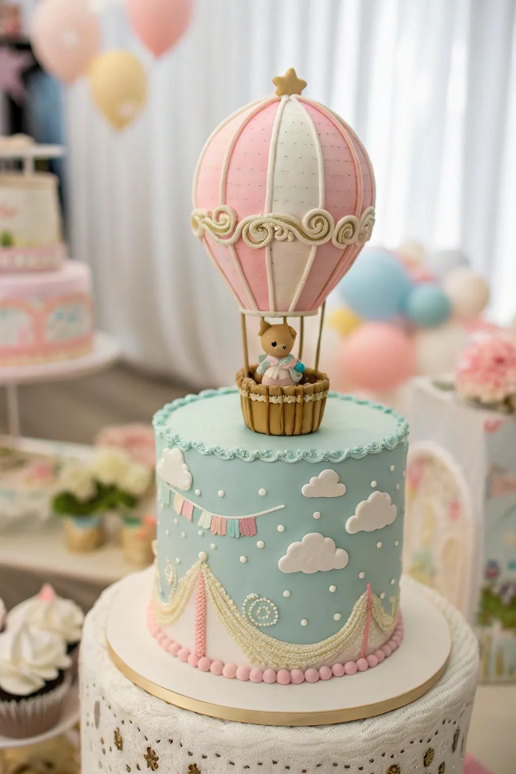 A hot air balloon cake, perfect for a baby boy gathering.
