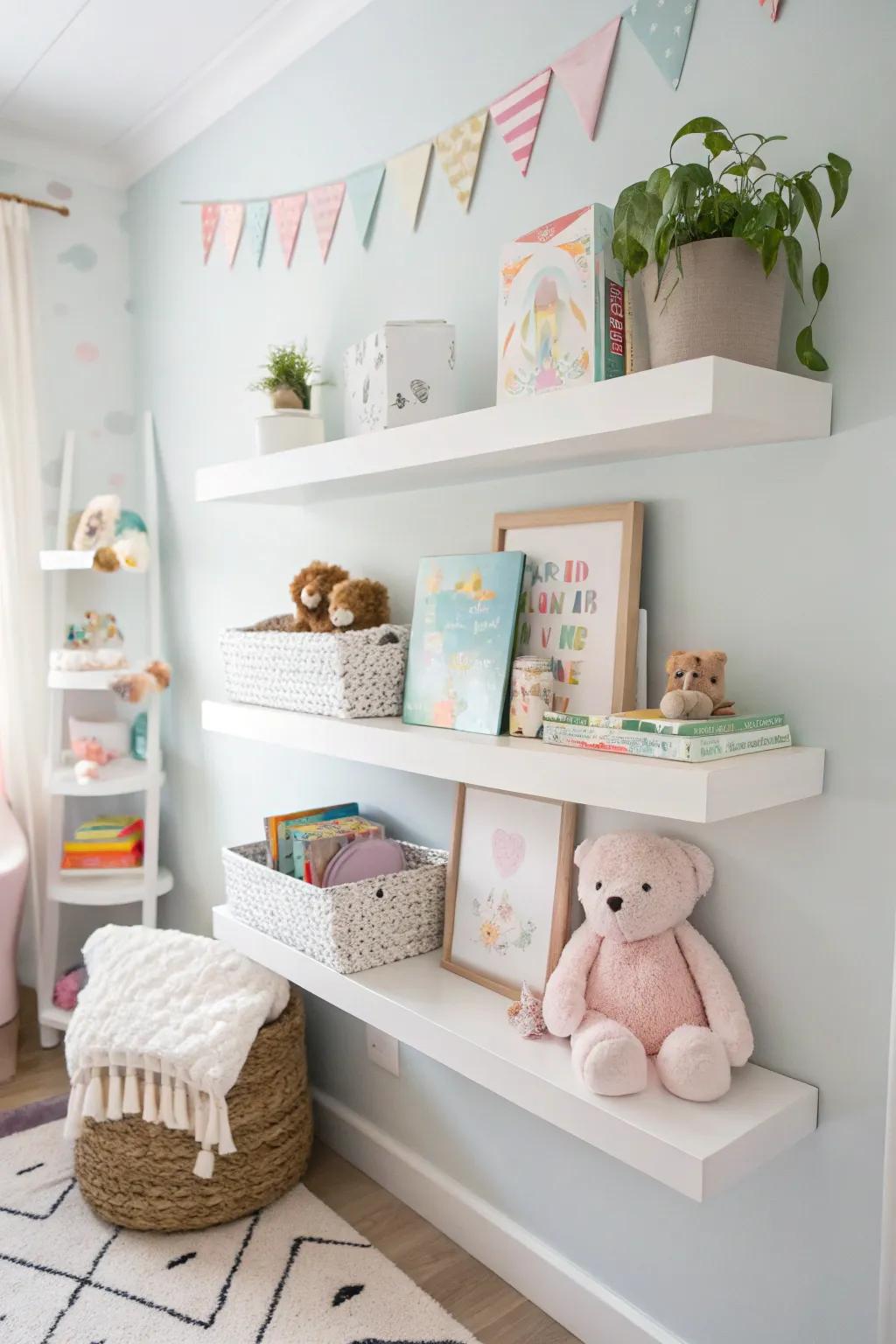 Hanging shelves provide stylish storage and display options in a nursery nook.