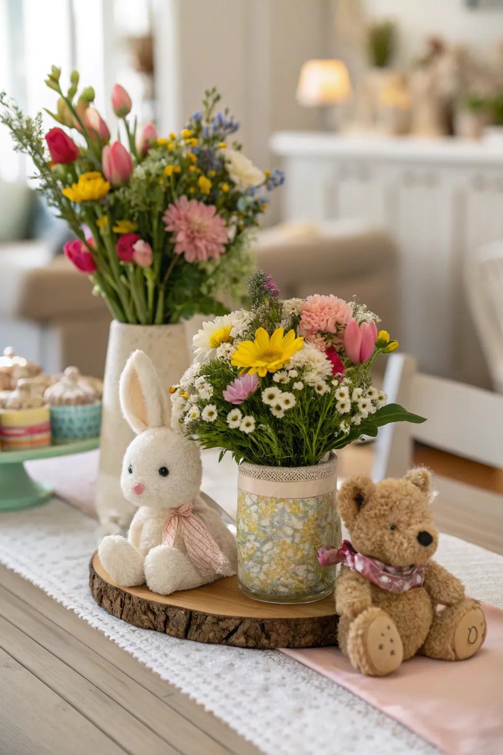 Playful centerpiece featuring themed figurines.