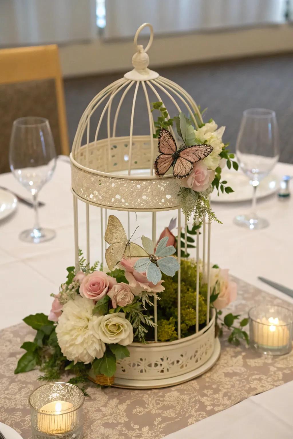 An enchanting birdcage focus piece using butterflies and flowers.