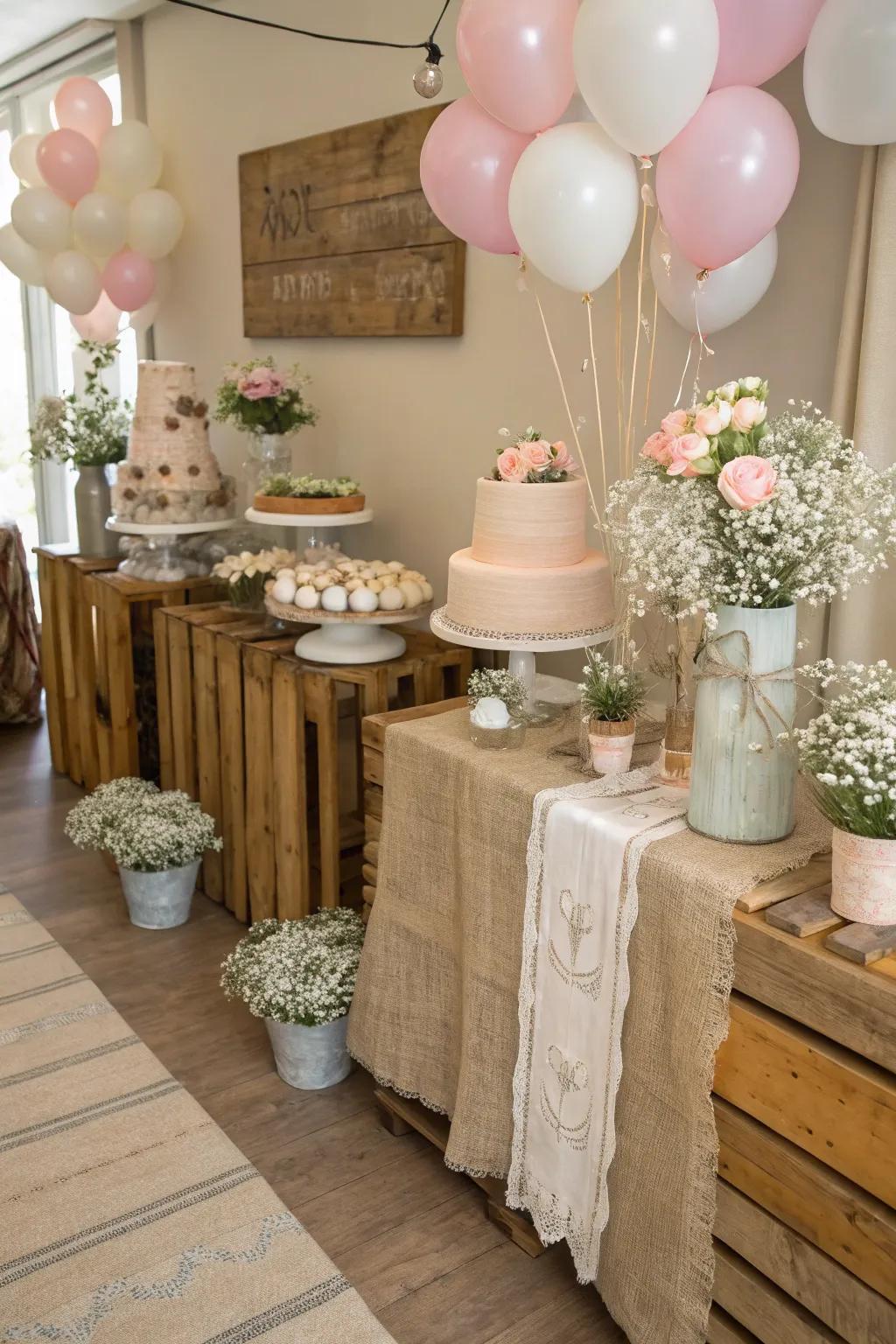 Rustic elegant d&eacute;cor with burlap runners and wooden accents crafts a cozy ambiance.