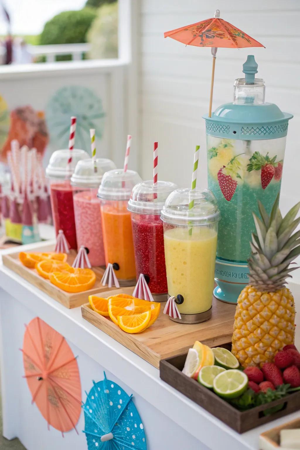 A themed drink station featuring colorful mocktails.