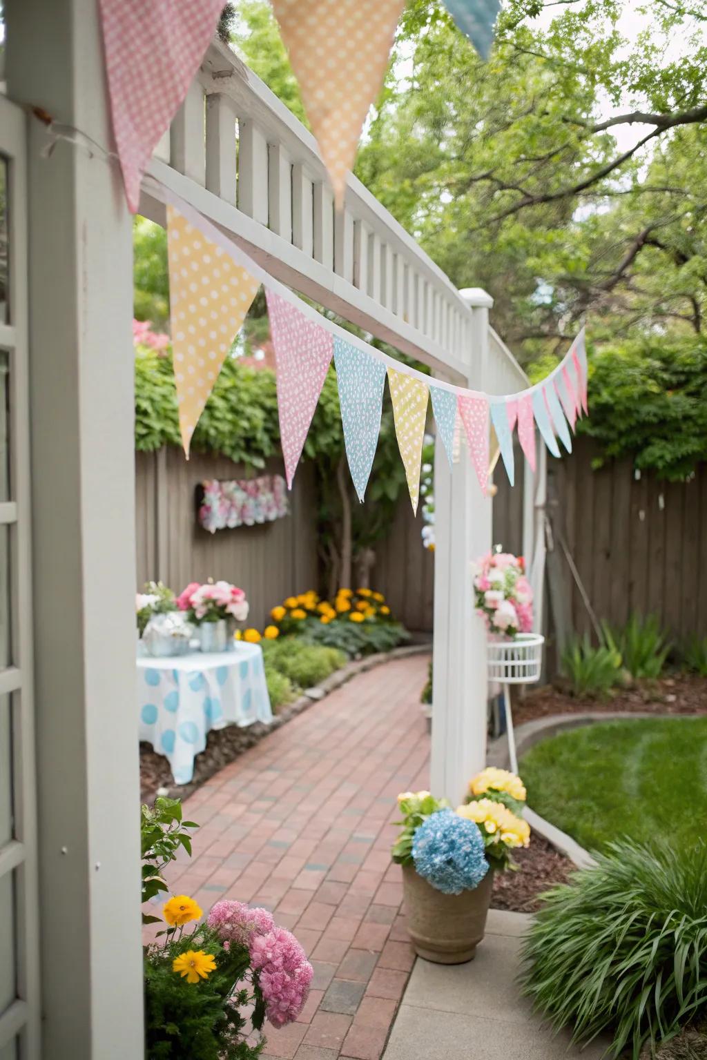 Festive flags bring a spirit of celebration to the entrance décor.