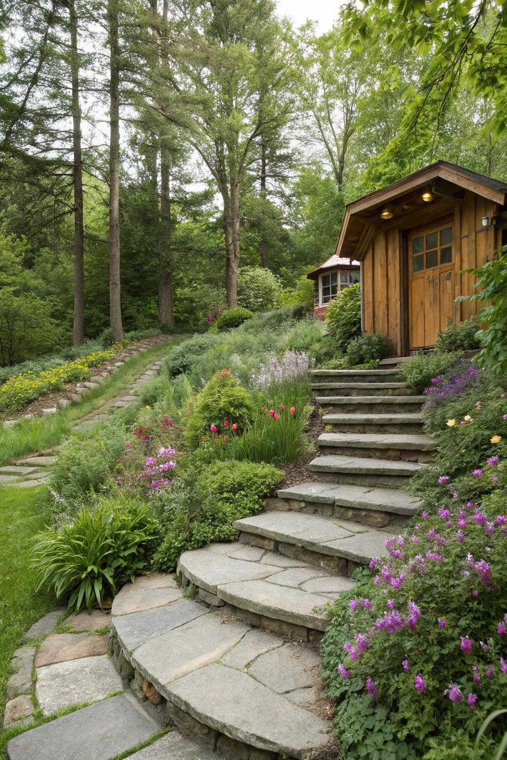 Arched steps create a harmonious flow with nature.