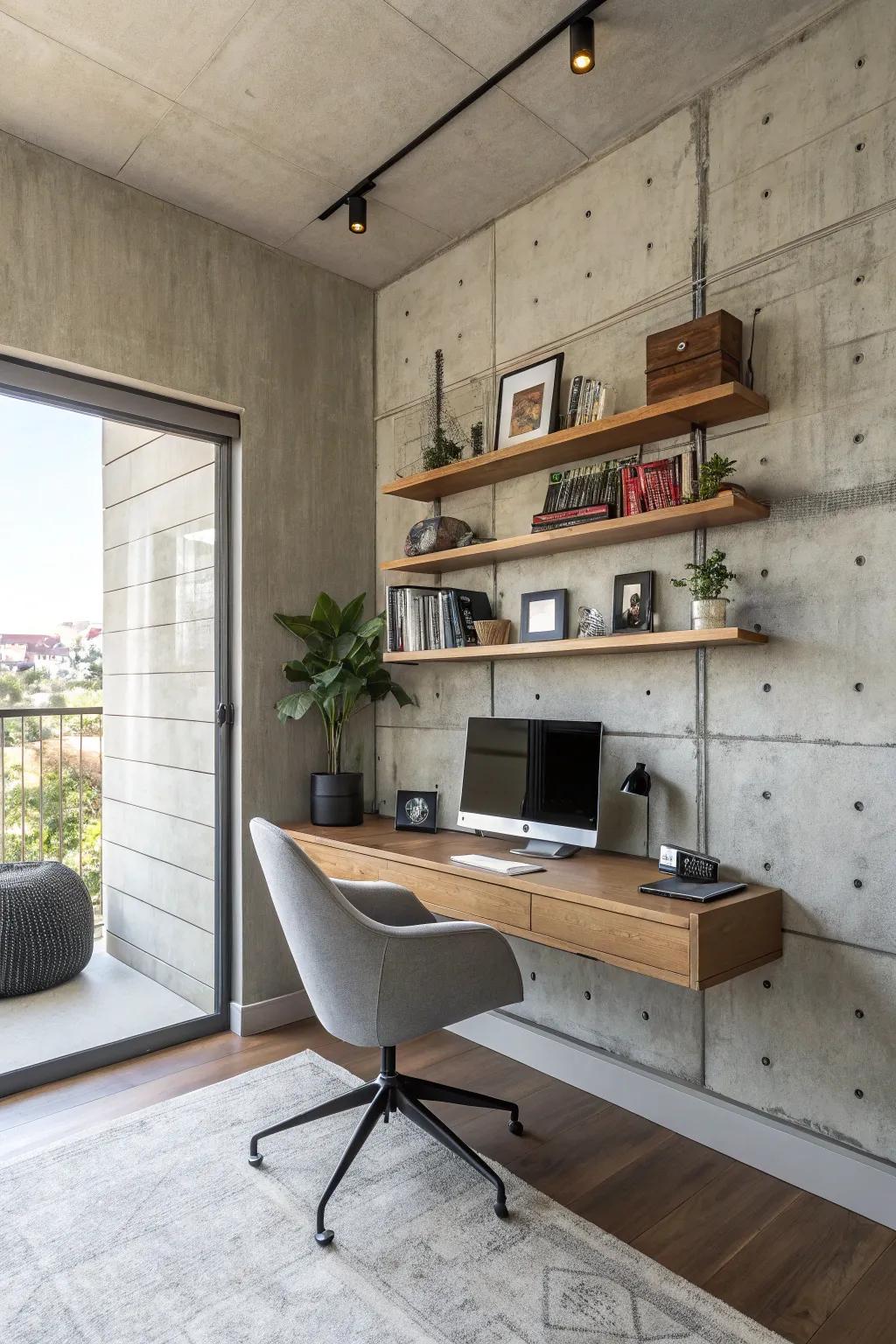 A workspace featuring an industrial concrete wall and contemporary decor.