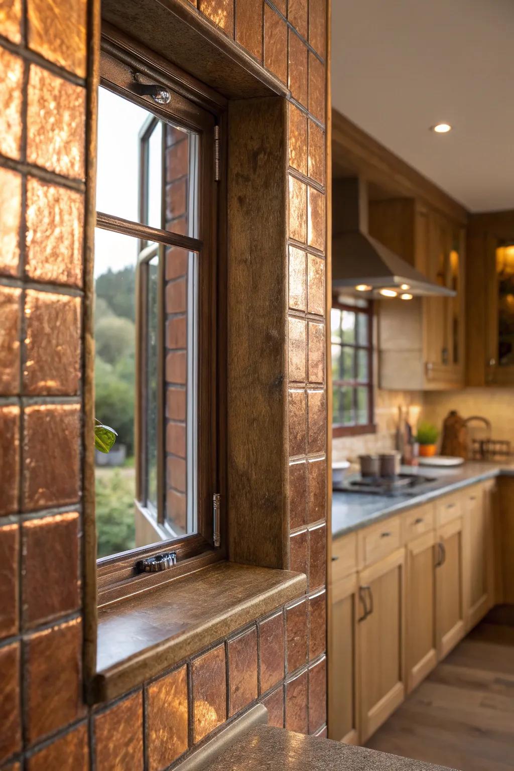 Copper sparkle tiles adding sparkle around a kitchen window.