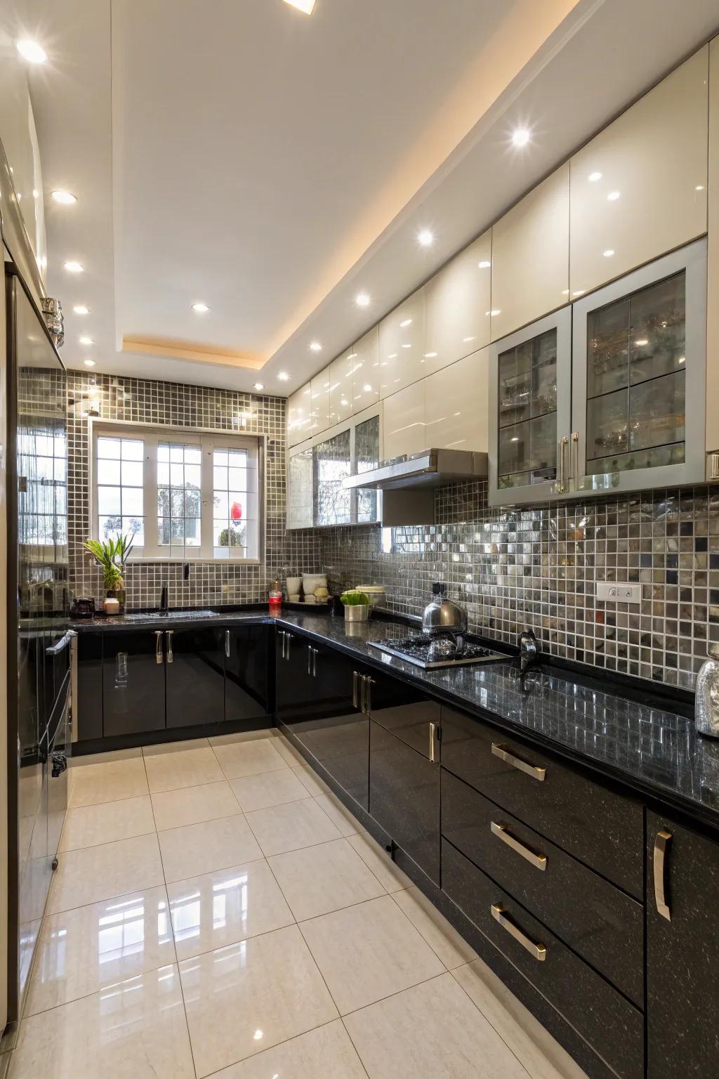 Hand mirror sections produce a feeling of place and light within culinary spaces.