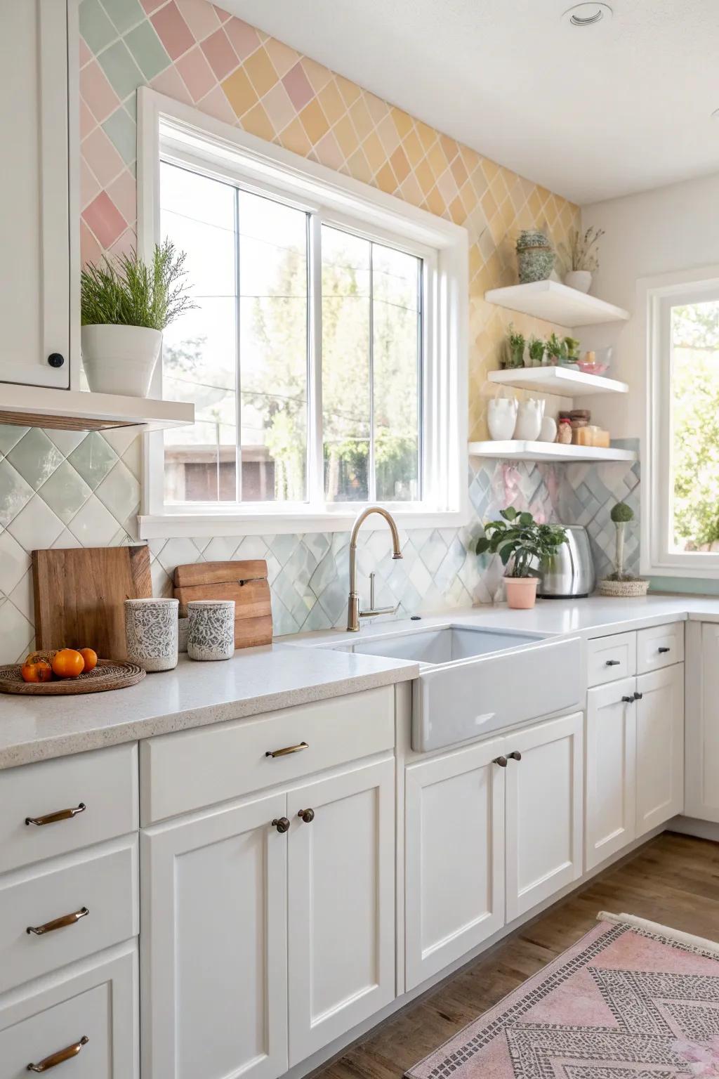 Delicate hue tiles engender a serene ambiance within this white kitchen.