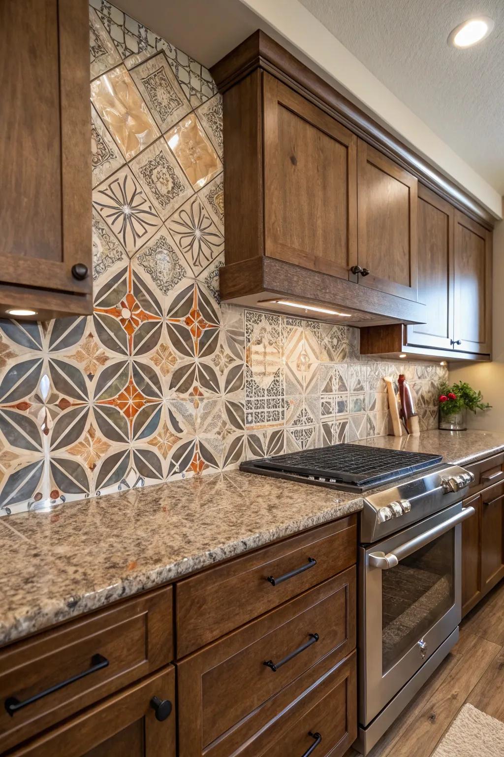 Mathematical tiles add a contemporary flair to fantasy brown granite.