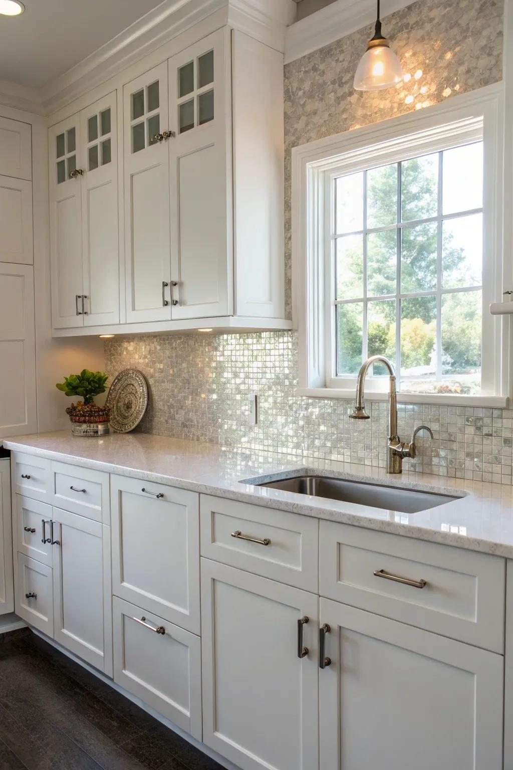 Pearlescent tiles add a unique sheen.