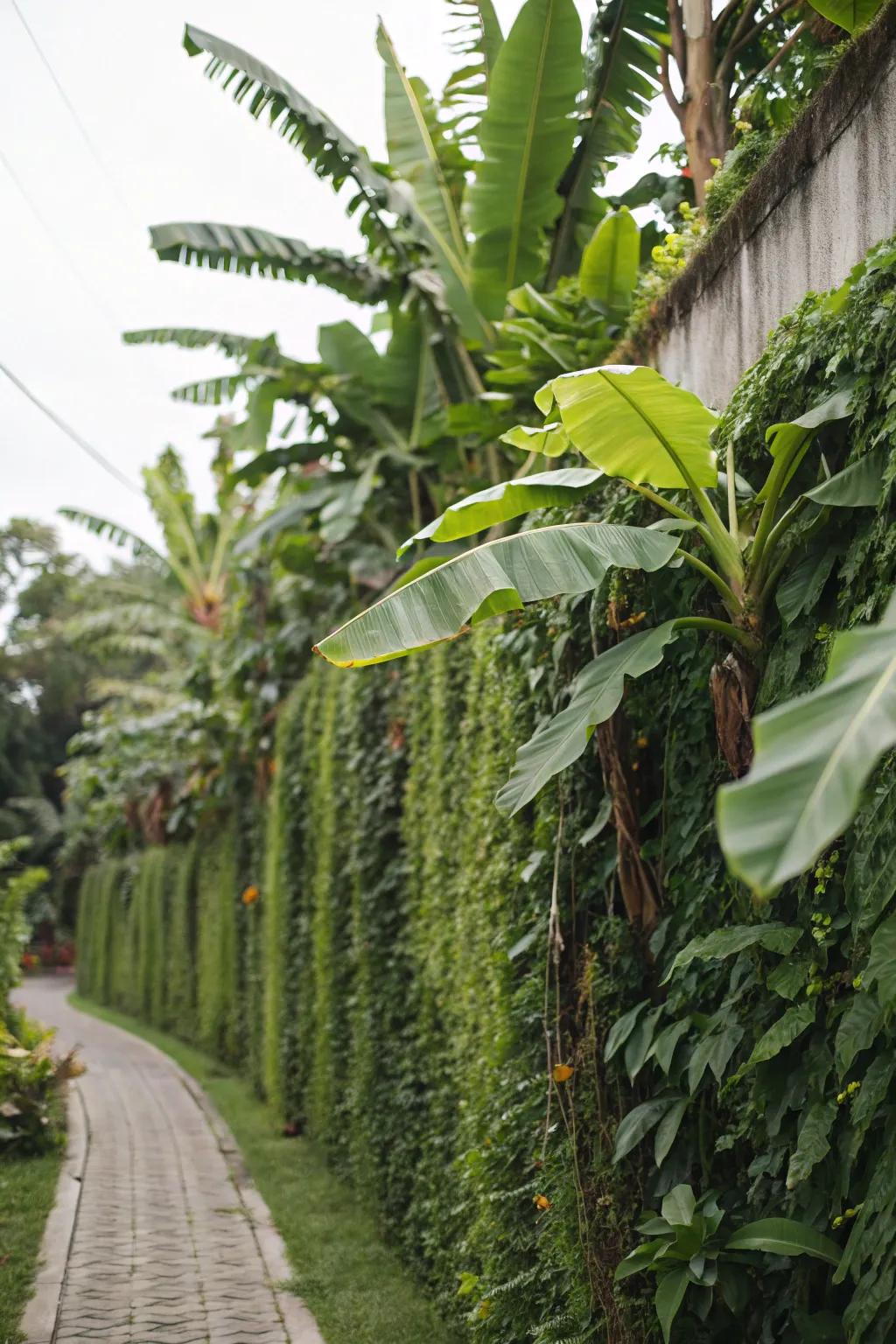 Craft a lush vertical wall with tropical fruit trees and climbing plants.