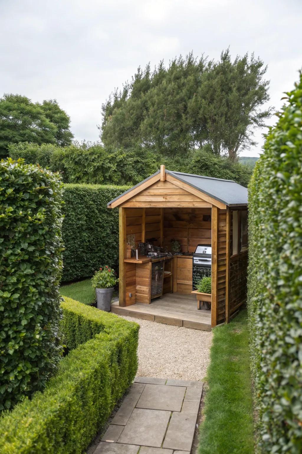 A secluded paradise featuring a grilling station and privacy screens.