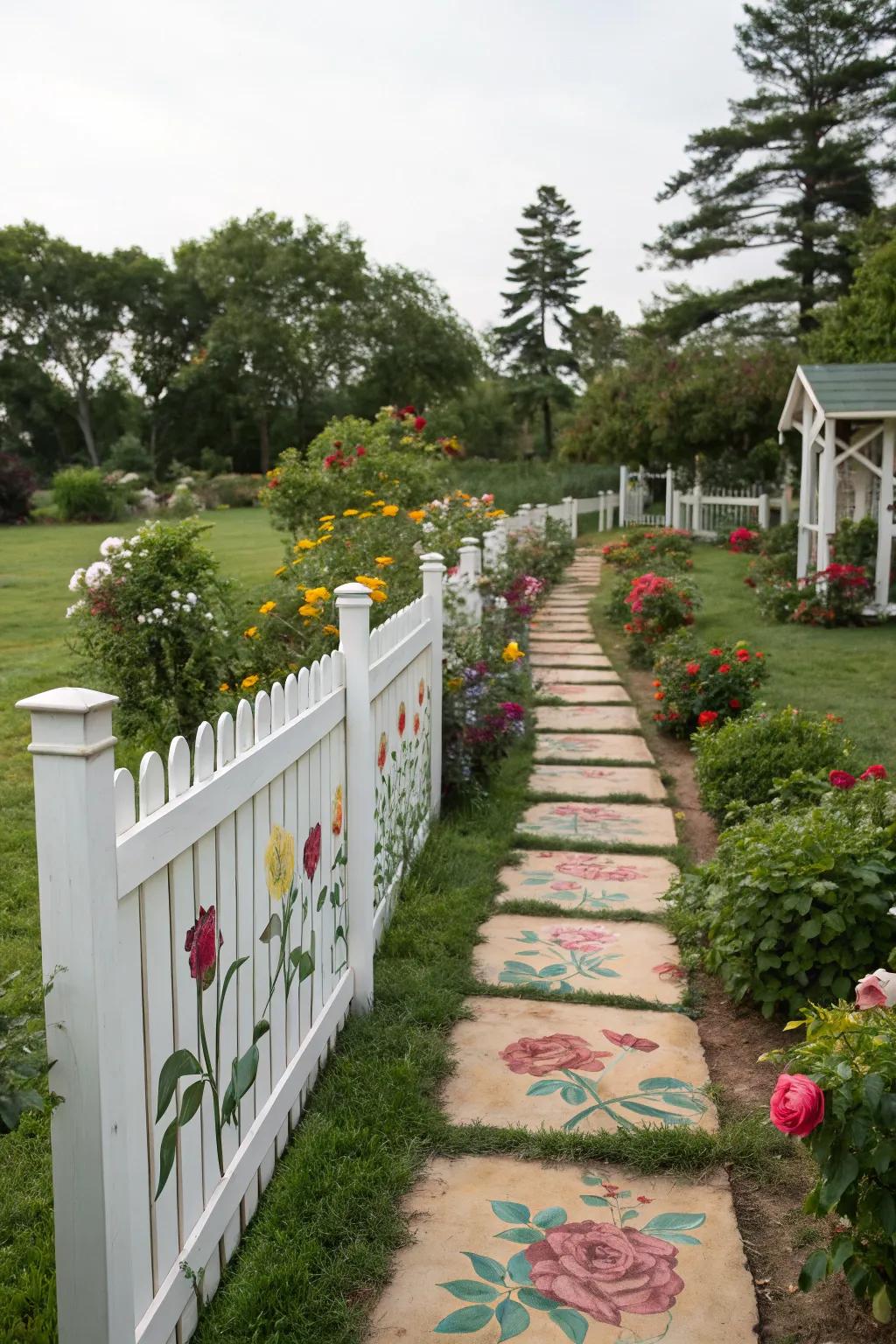 Painted pathways on a fence guide you through a garden adventure.