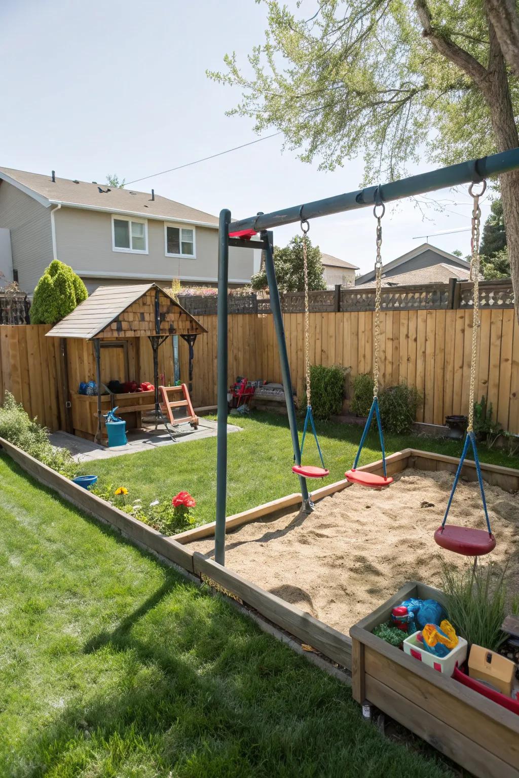 A backyard play area for kids makes the space family-friendly.
