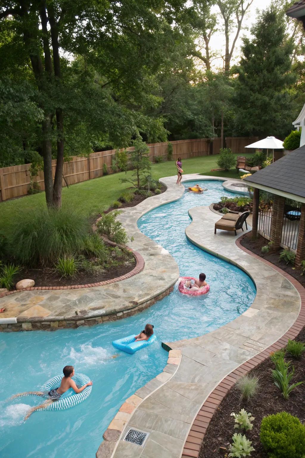 A lazy river pool with adjustable flow strengths for diverse experiences.