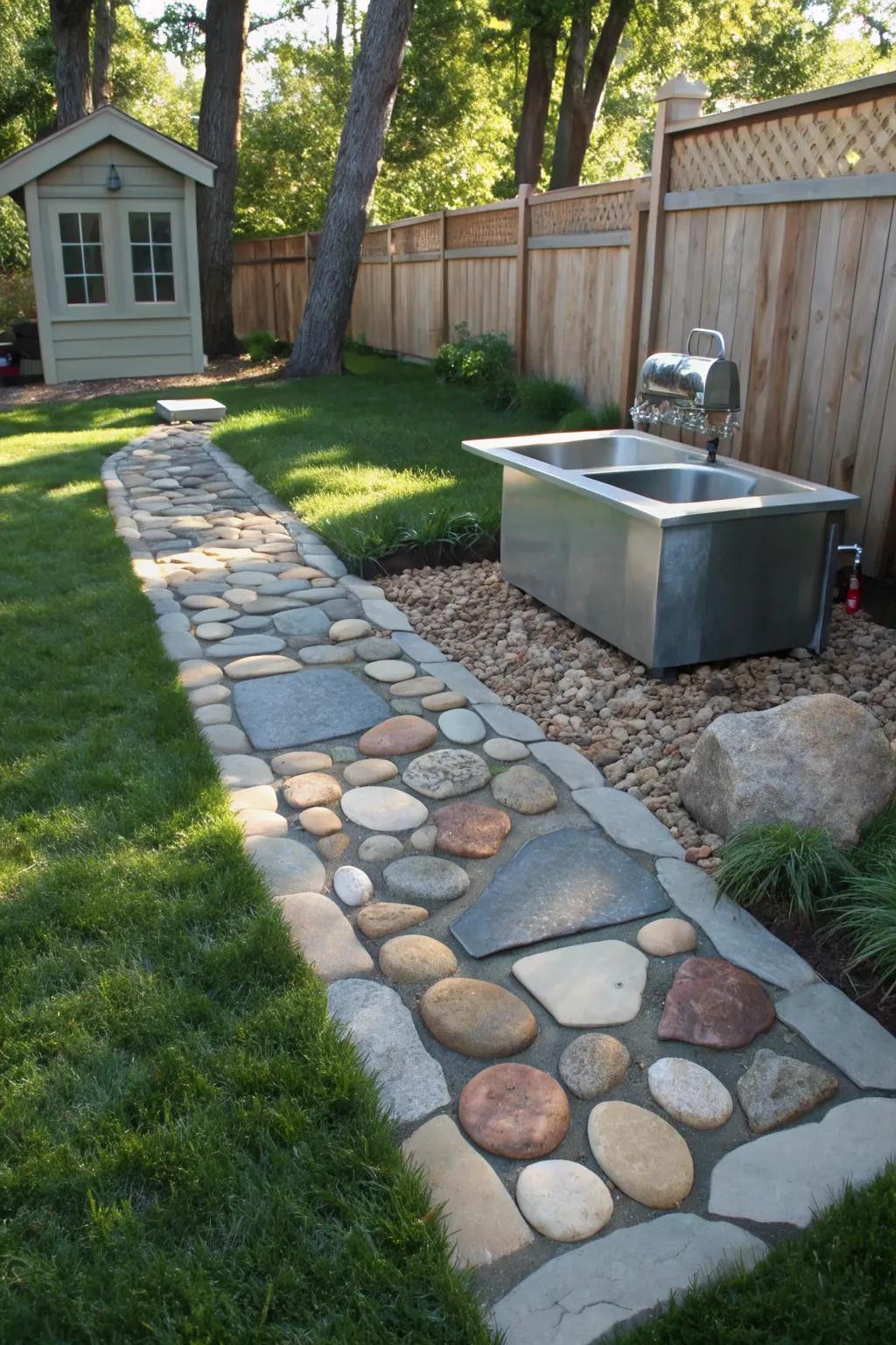 Upgrade your backyard with a stunning stone pathway leading to a chic dog washing station. Practicality meets style!