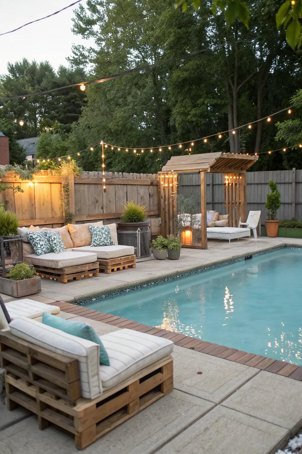 A charming poolside seating zone with upcycled furniture.
