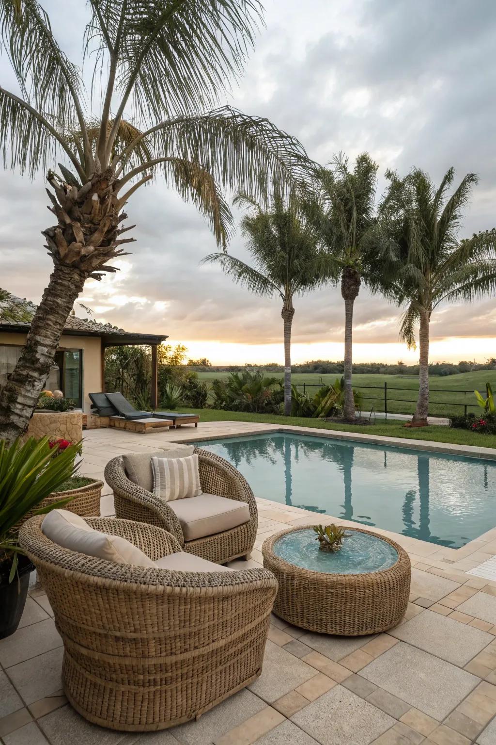 Tactile details such as rattan furniture enhance the tropical vibe.