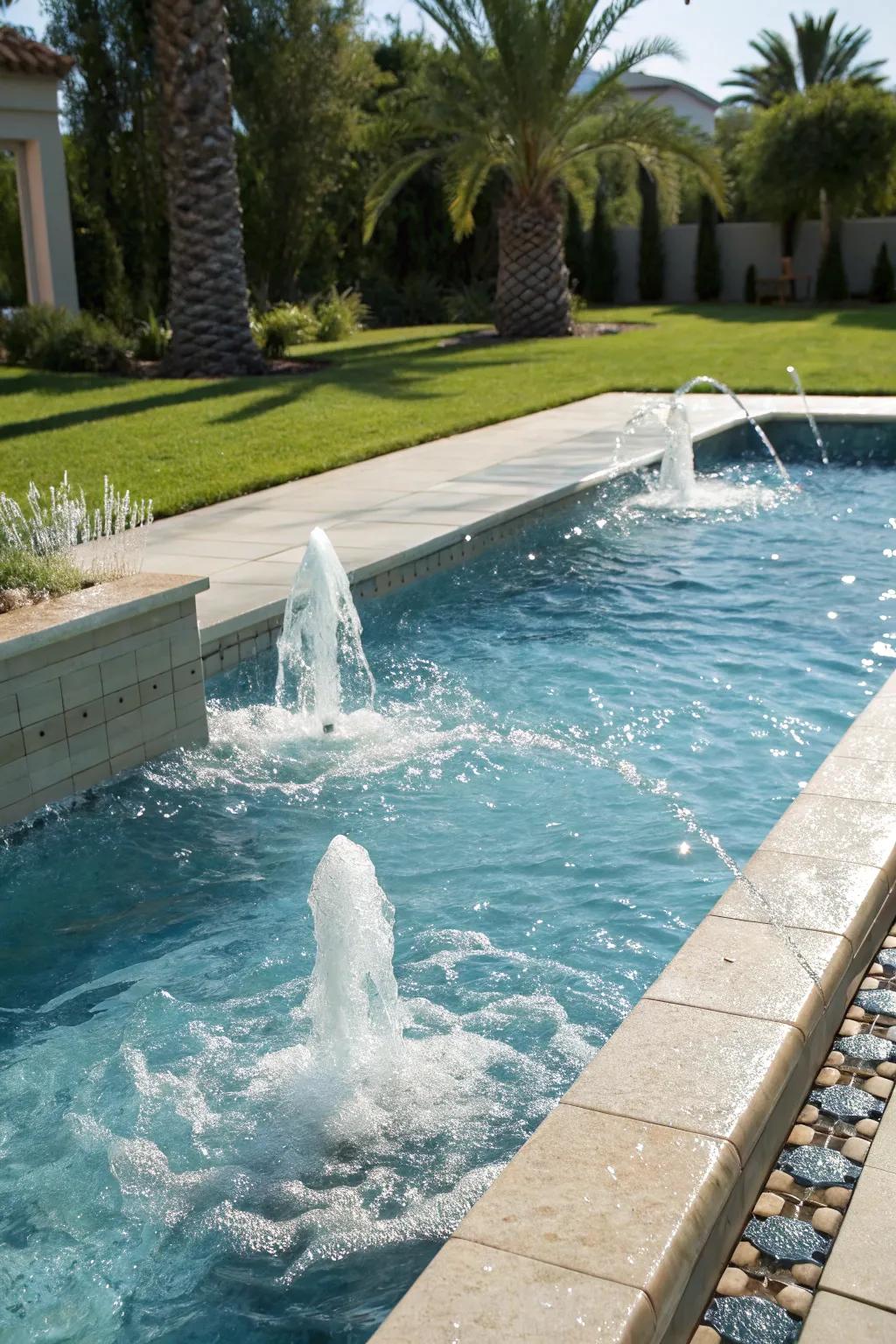 Bubbling fountains add a playful and tranquil touch.