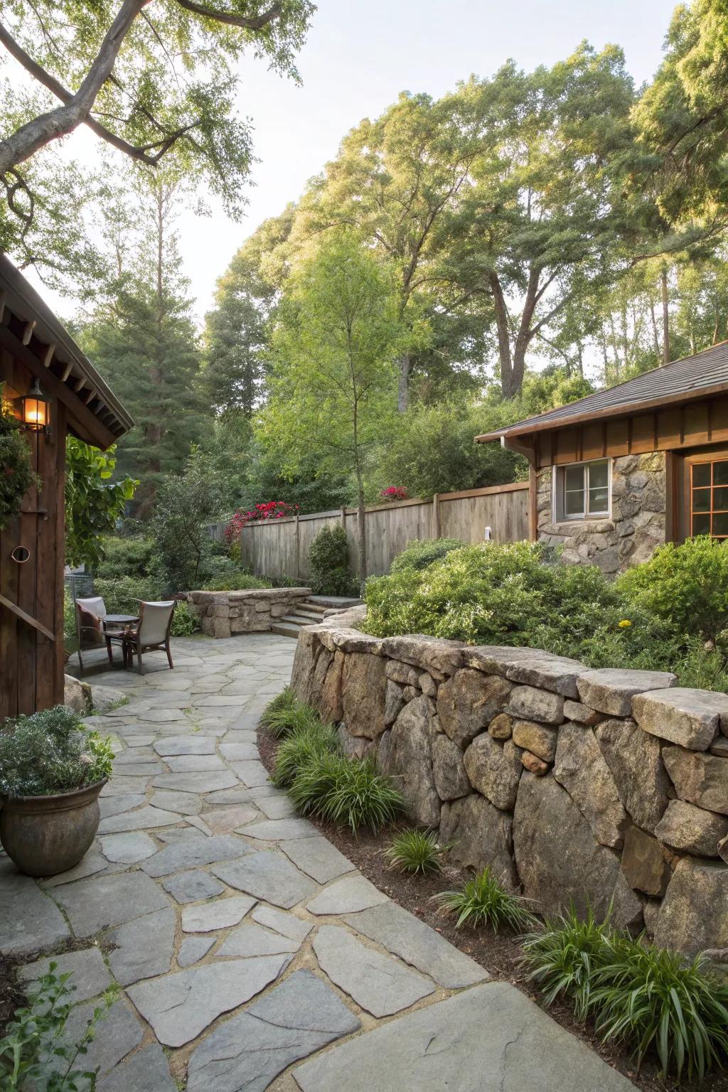 An organic rock facade contributes rural appeal and seclusion.