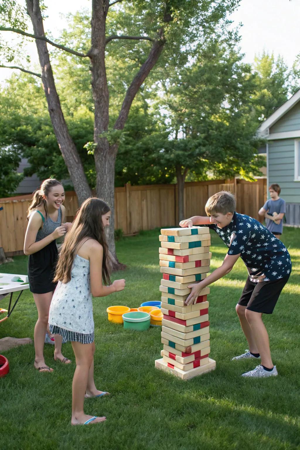 Guests savoring giant yard games at the party.