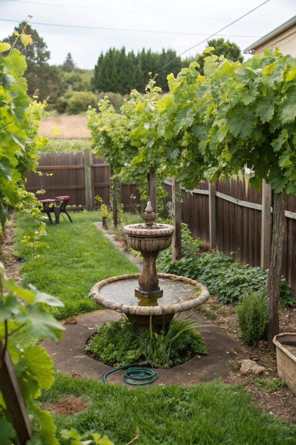 Soothing sounds of a water feature enhance the vineyard.