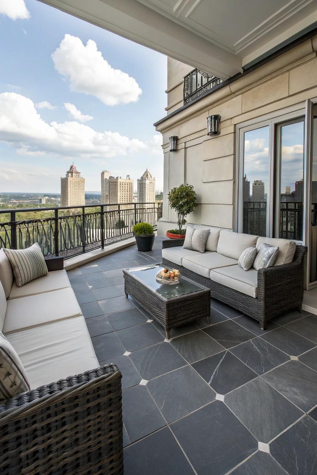 Slate flooring delivers sophistication and elegance, adding a luxurious touch to your balcony.