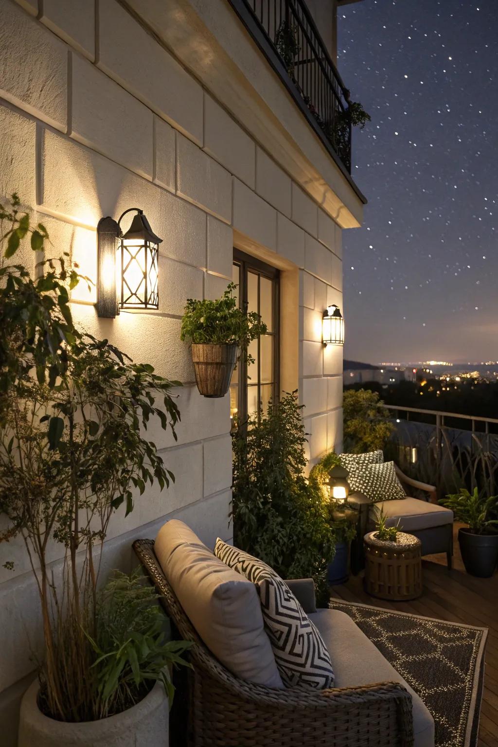 Wall lights offer practical and ornamental lighting, elevating your balcony's features.