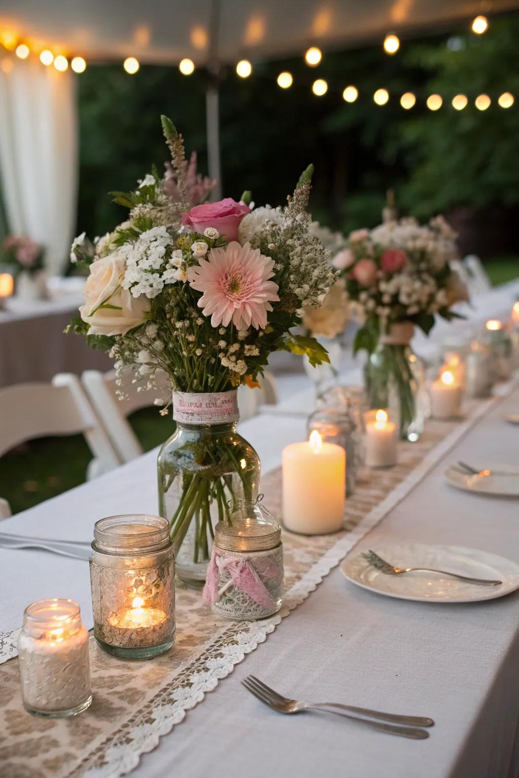 Rustic nuptial decor employing canning jars infuses elegance into celebrations.