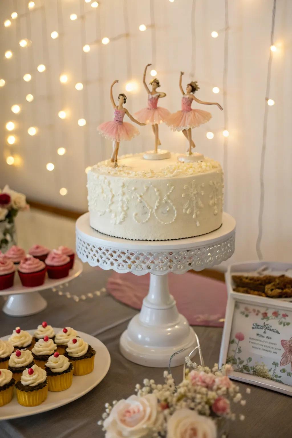 Small ballerina figurines contribute adorable detail and charm.