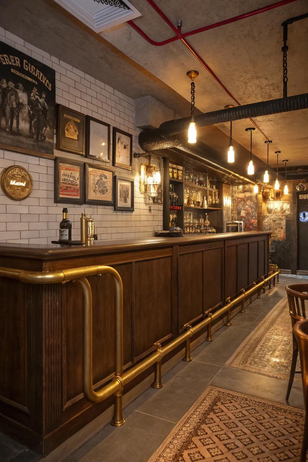 Vintage brass pipes bring nostalgic charm to this bar.